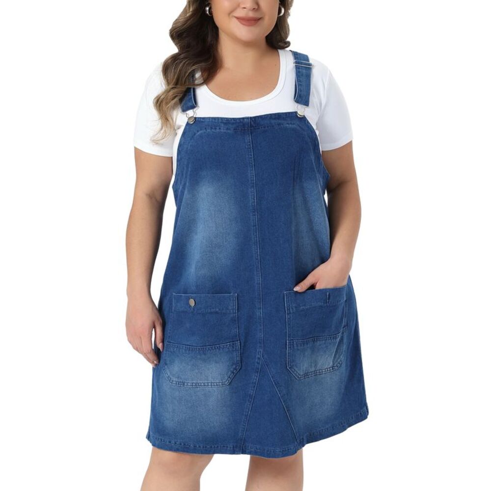 Women Plus Size Denim Overalls Dress Casual Summer Rompers Blue